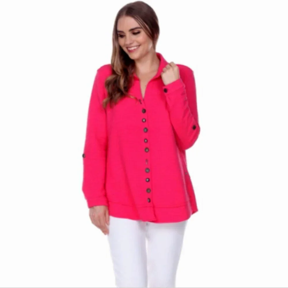 Neon Buddha Stepping Out Button Up Tunic Top L Pink #69C - Picture 4 of 10